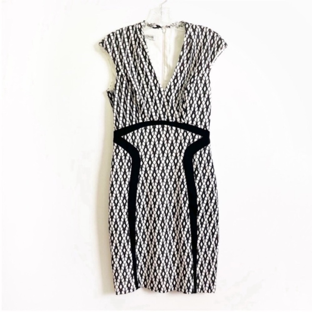 Kay Unger dress white black sheath embroidered v neck career pencil